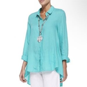 {Eileen Fisher} Turquoise 100% Organic Irish Linen Button Down Shirt Size Medium